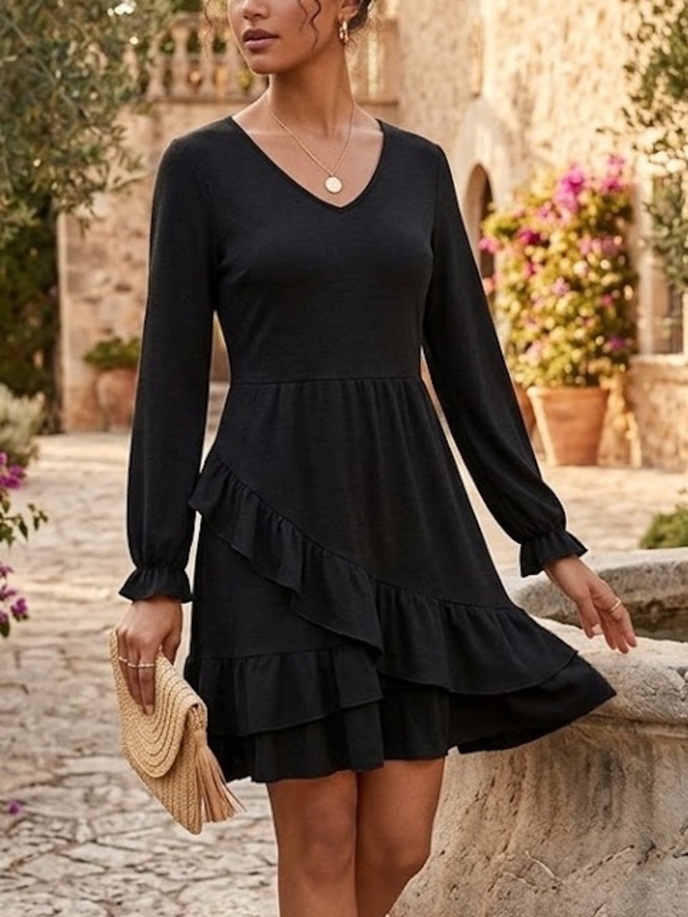 SHEIN Black Ruffled Fitted Long Sleeve Dress, size large